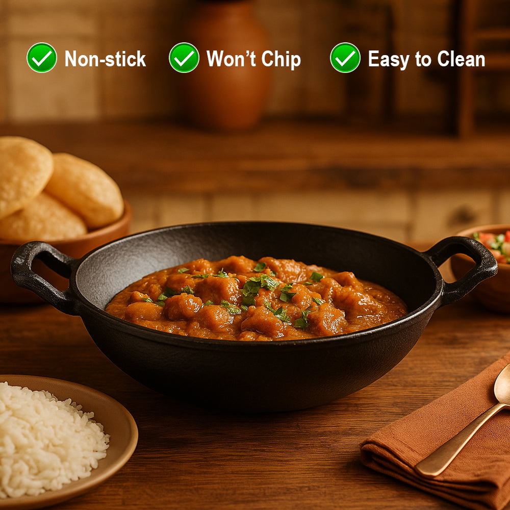 Cast Iron Deep Kadai Wok with Dual Handles, Heavy-Duty Cooking Pot for