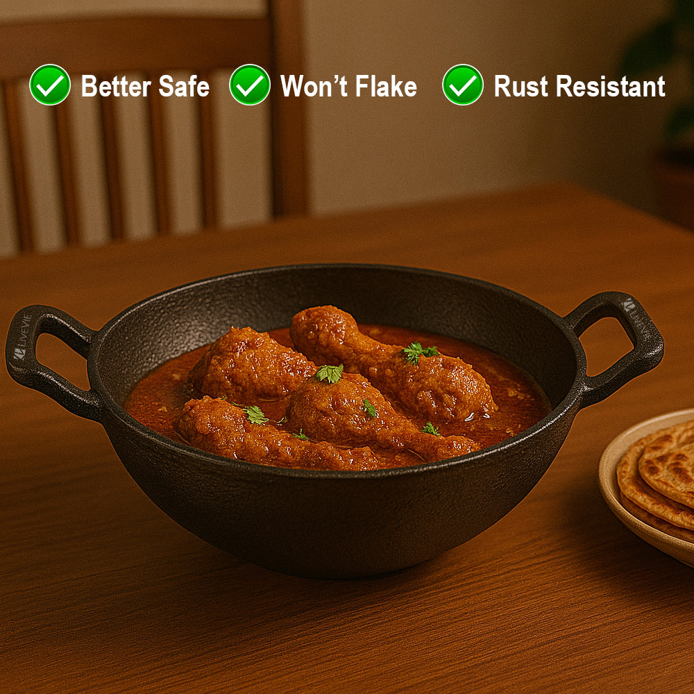 Cast Iron Deep Kadai Wok with Dual Handles, Heavy-Duty Cooking Pot for