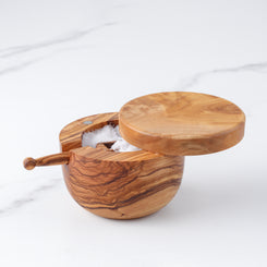 Handmade Olive Wood Salt Cellar with Scoop and Magnetic Lid