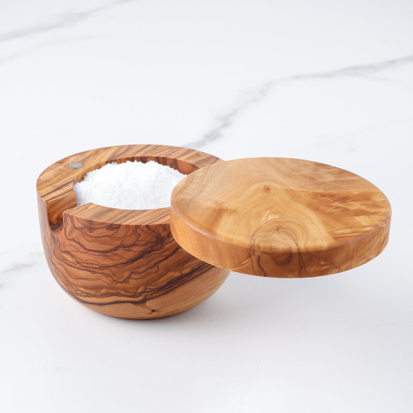 Handmade Olive Wood Salt Cellar with Scoop and Magnetic Lid